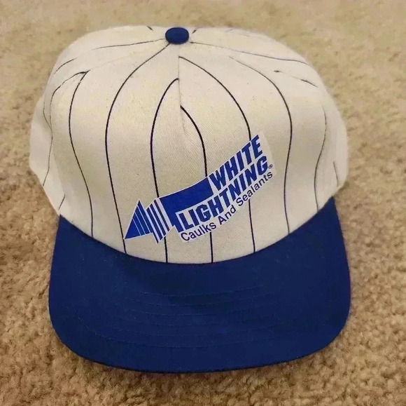 White Lightening Caulk And Sealant Vintage SnapBack Blue White Striped Mens - Picture 1 of 3